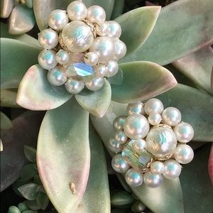 VTG Signed Pearl Rhinestone Cluster Clip Ons